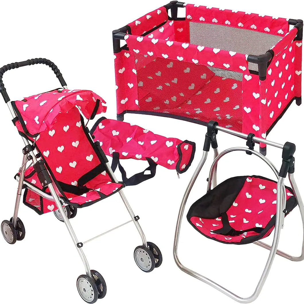 3 in 1 Baby Doll Furniture - Pink Hearts